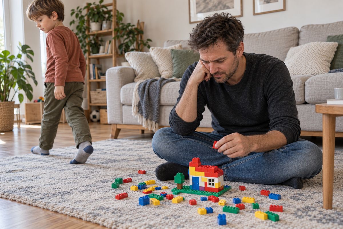 Beispielszene: Ein Vater sitzt bei bunten Steckbausteinen, während sein Sohn das Interesse verliert.