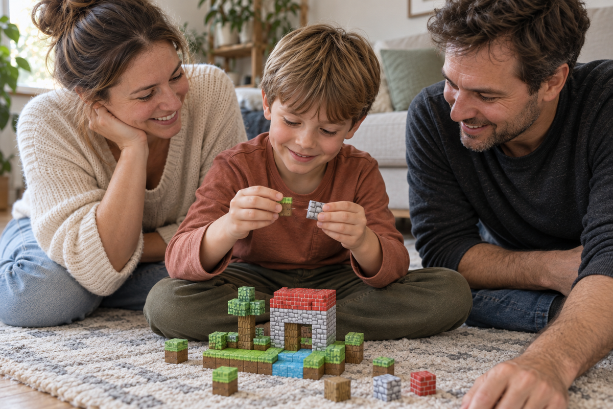 Eine Familie sitzt zusammen und baut eine eigene KidsCraft-Welt.